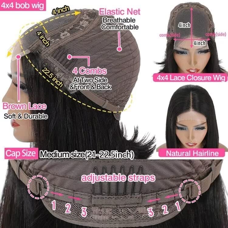 Urshiney Short Straight Bob Wig Human Hair for Black Women 100% Brazilian Virgin Hair 4x4 Free Part Lace Front Wigs Bob Pre Plucked With Natural Hairline 180% Density Natural Color 10 Inch - Image 4