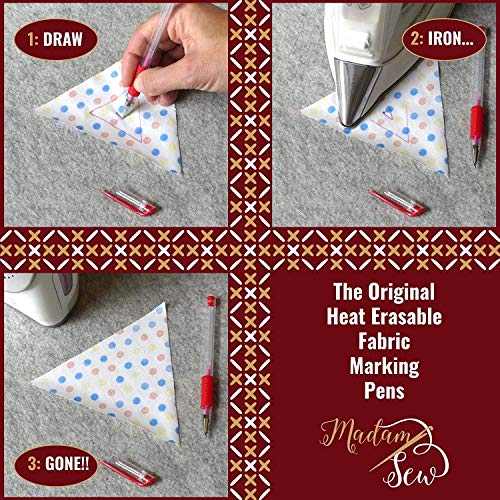 Image of Madam Sew Heat Erasable Fabric Marking Pens for Sewing and Quilting | Fabric Markers for Sewing, Embroidery, Dressmaking with 4 Pens + 4 Refills | 8-Piece Set No Ghost Lines, Disappearing Ink