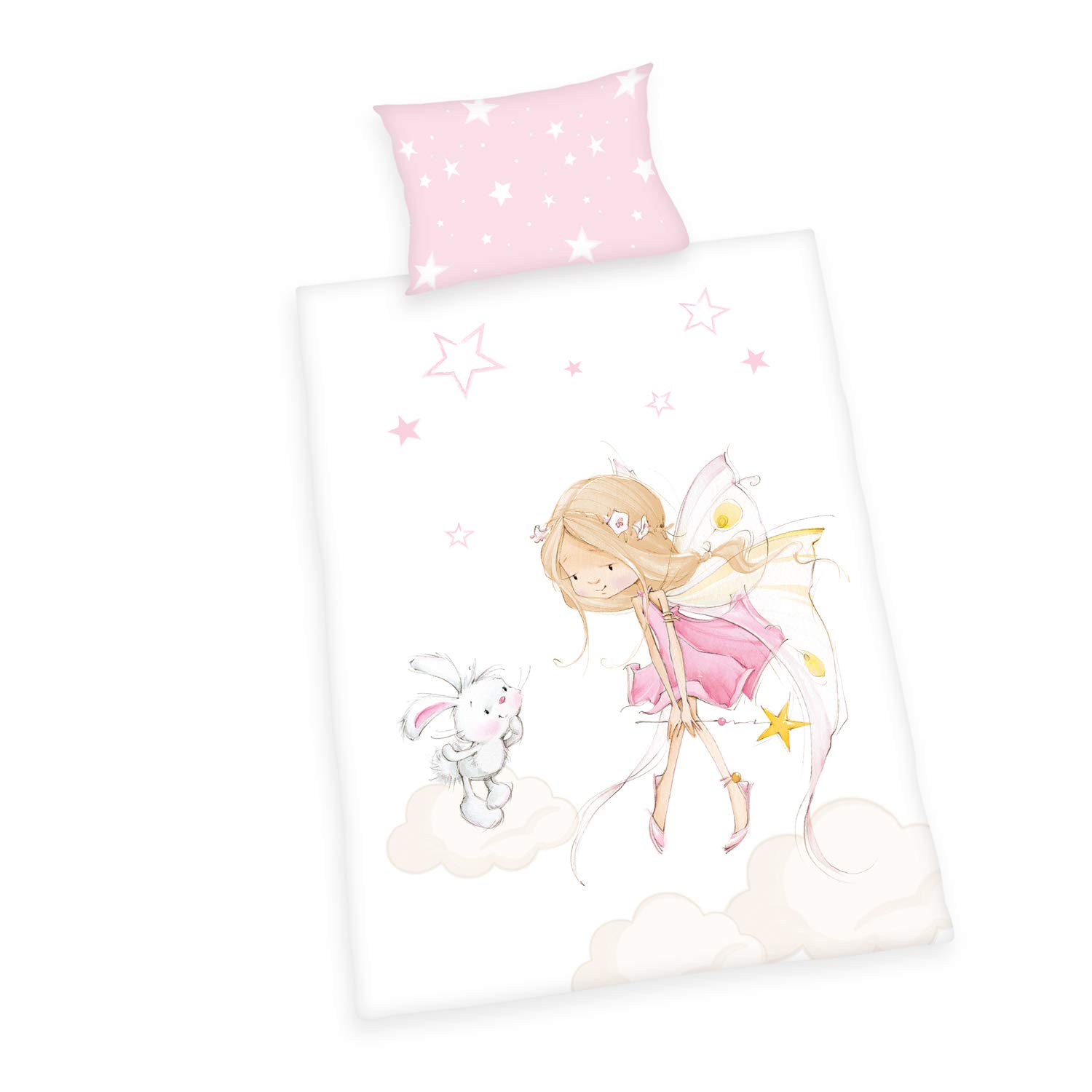 Herding Little-Fairy Bio Bettwäsche Set, GOTS Zertifiziert, Wendemotiv, Kopfkissenbezug 40 x 60cm, Bettbezug 100 x 135cm, Baumwolle/Renforcé, Rosa/Mehrfarbig, 100x135