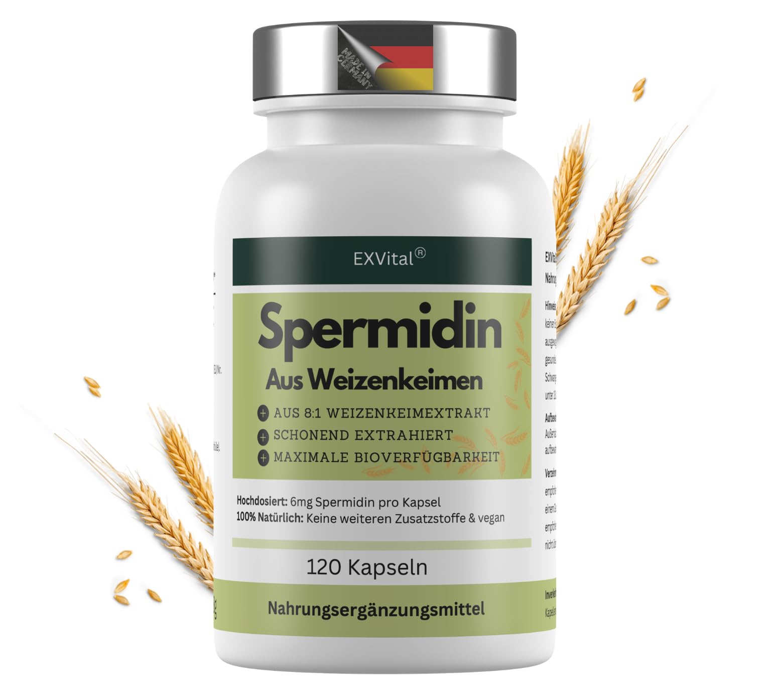 EXVital® Spermidin Kapseln, 6mg Spermidin pro Kapsel, 120 vegane Kapseln, aus Weizenkeimextrakt (8:1) gewonnen - hochdosiert- Ohne Zusätze, laborgeprüft & vegan