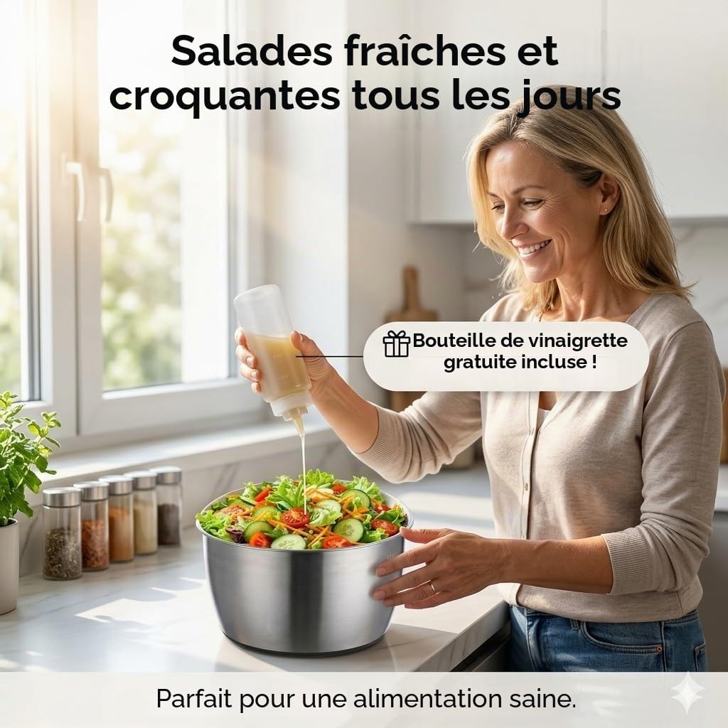 Essoreuse à salade XXL en acier inoxydable de 5 l, avec éplucheur et bouteille compressible – Passe au lave-vaisselle – Essoreuse à salade idéale pour laver et sécher la salade