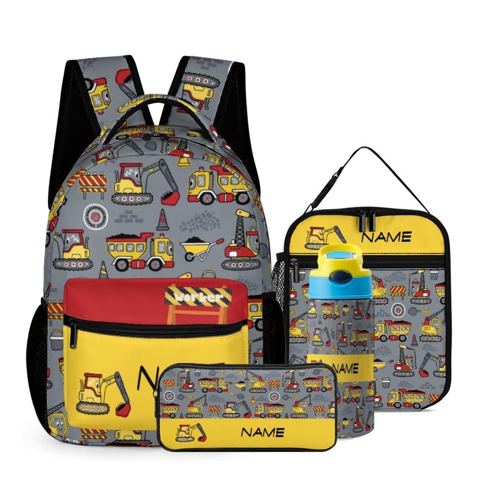 MLIANCEN Custom Excavator Car Cartoon Backpacks 4 Piece Set Personalized Add Name Backpack with Lunch Bag Pencil Bag Kids Water Bottle Customization