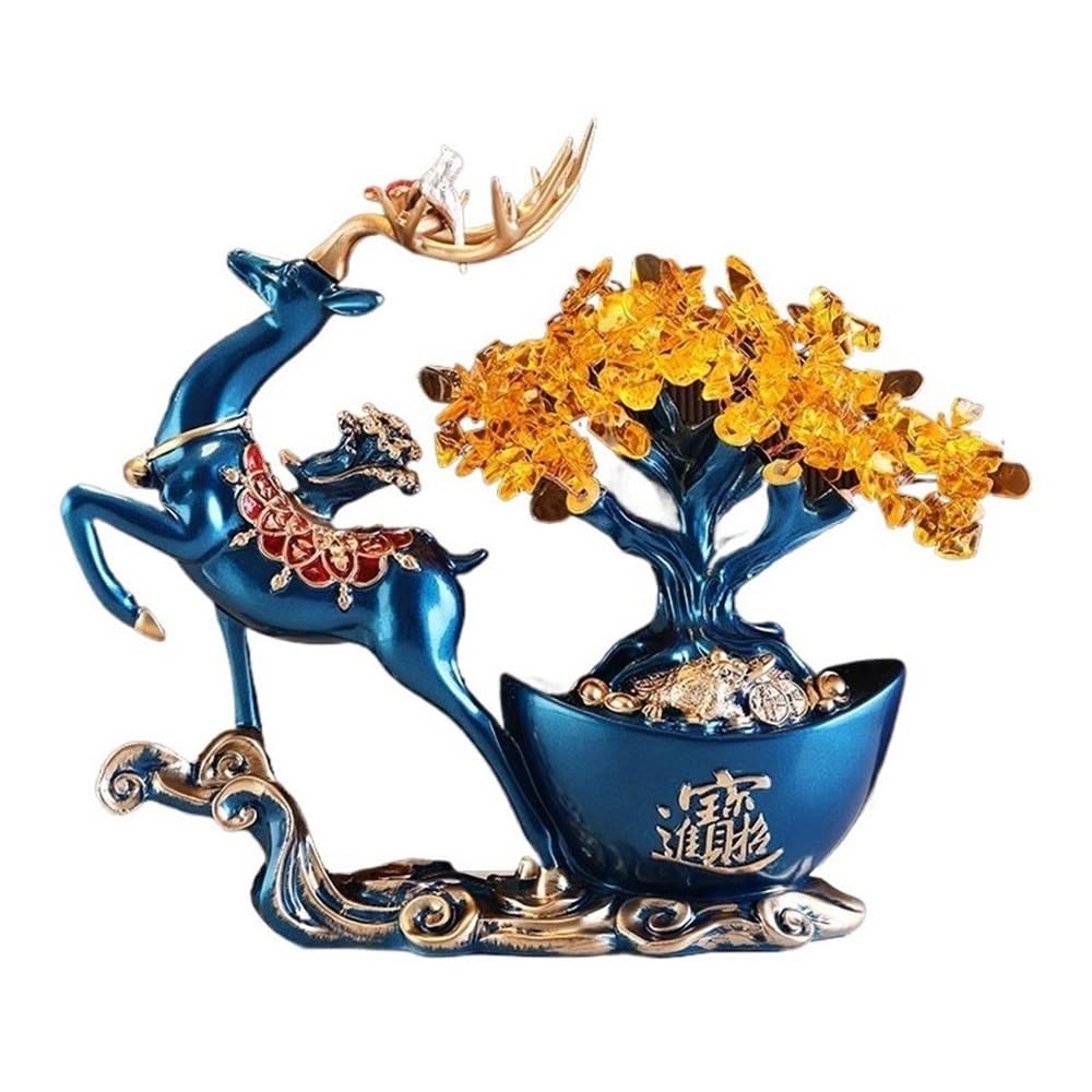HCZKIUJY Luck and Wealth Crystal Tree Gemstone Fortune Tree, Attracting Wealth Deer Ornaments, Home Feng Shui Decoration Chakra Money Tree (Blue)