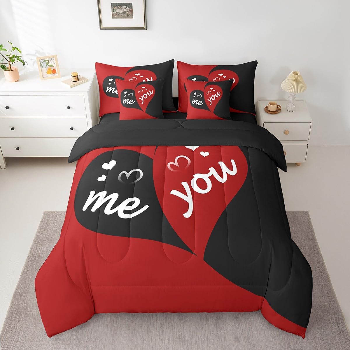 Erosebridal You and Me Bed in a Bag King Size Comforter Set 7 Pieces,Red and Black Love Heart Bedding Set,Romantic Wedding Sheet Set Valentines Day Decorations,Couple Gifts for Him and Her