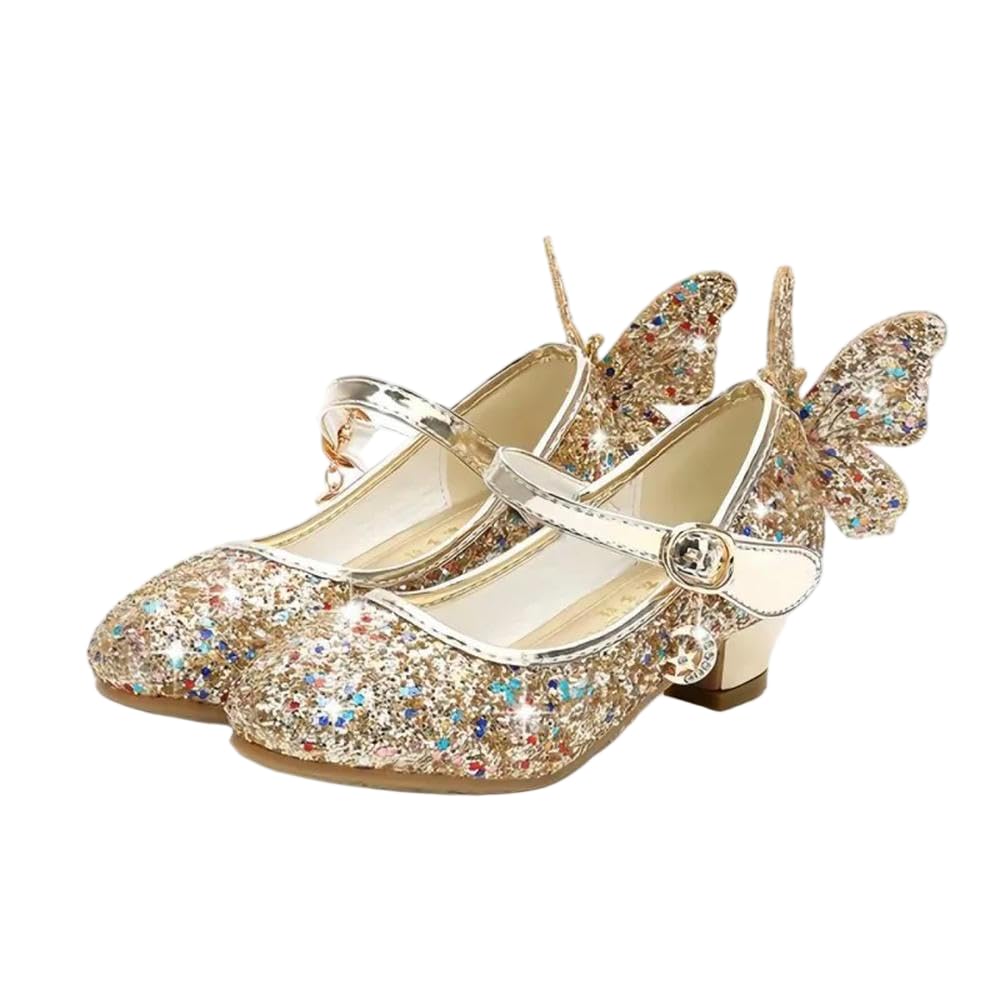 ZBDZSW księżniczka motyl skórzane buty dzieci diament kokarda wysoki obcas dzieci dziewczyna taniec brokat moda impreza taniec buty, ZŁOTY, 13.5 UK Child