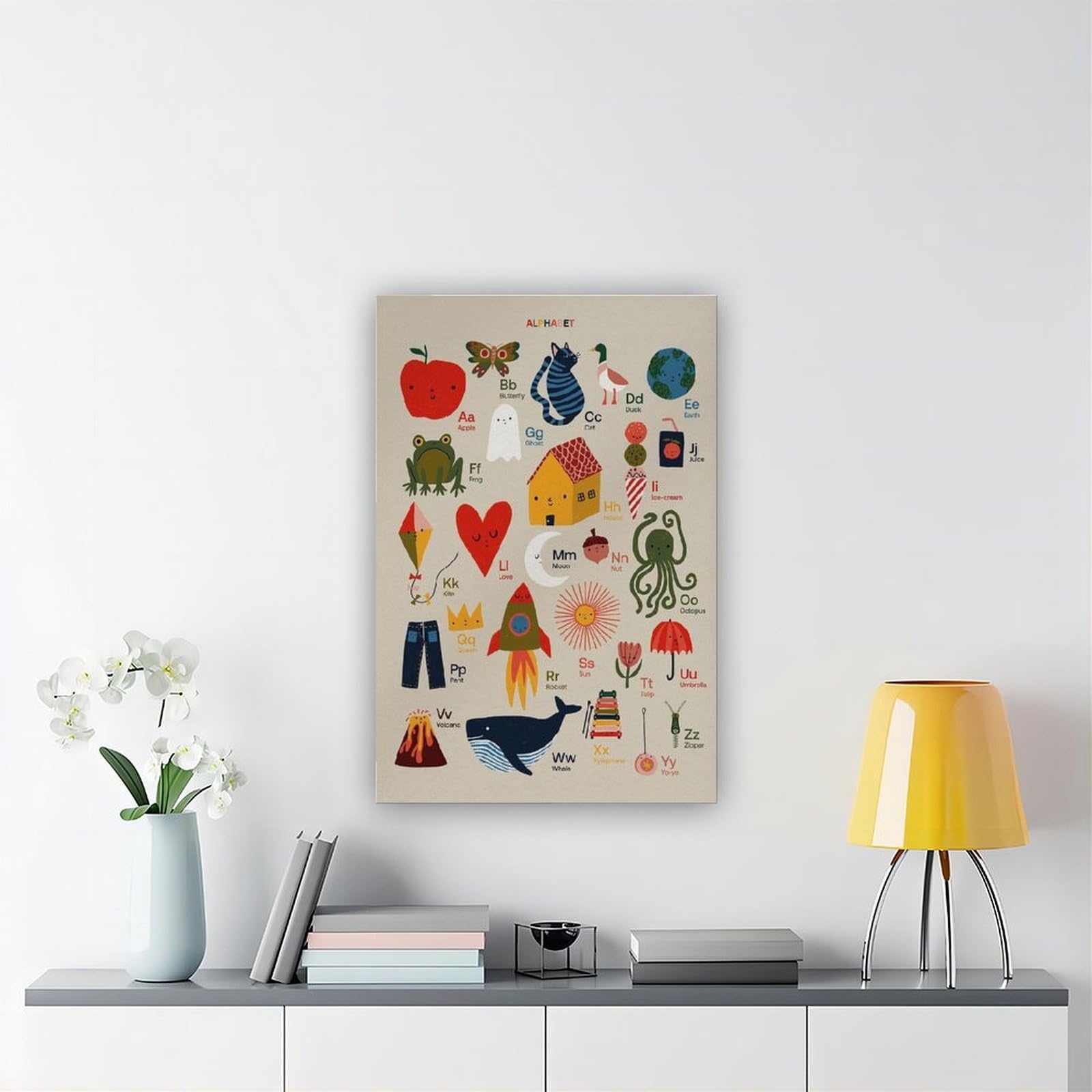 Poster éducatif sur toile avec lettres de l'alphabet illustrées à la main - Décoration murale pour salon, chambre à coucher - 50 x 75 cm