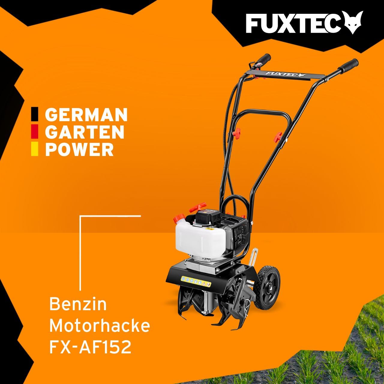 FUXTEC Ackerfräse FX-AF152 – Motorhacke, Bodenfräse mit 2 Takt Motor und 23 cm Breite, einem 51,6 ccm Hubraum, 2 Fräswerkzeuge mit einer Höhe von 70mm - netto Gewicht von 14 Kg