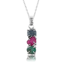 Ruby-Emerald-Sapphire Precious Trio Crystals Pendant Necklace, Rock, Natural Gemstone, Dainty Prong Setting, Energy Healing Stone, Birthstone, Gift for Women, Silver Jewelry 18 inch