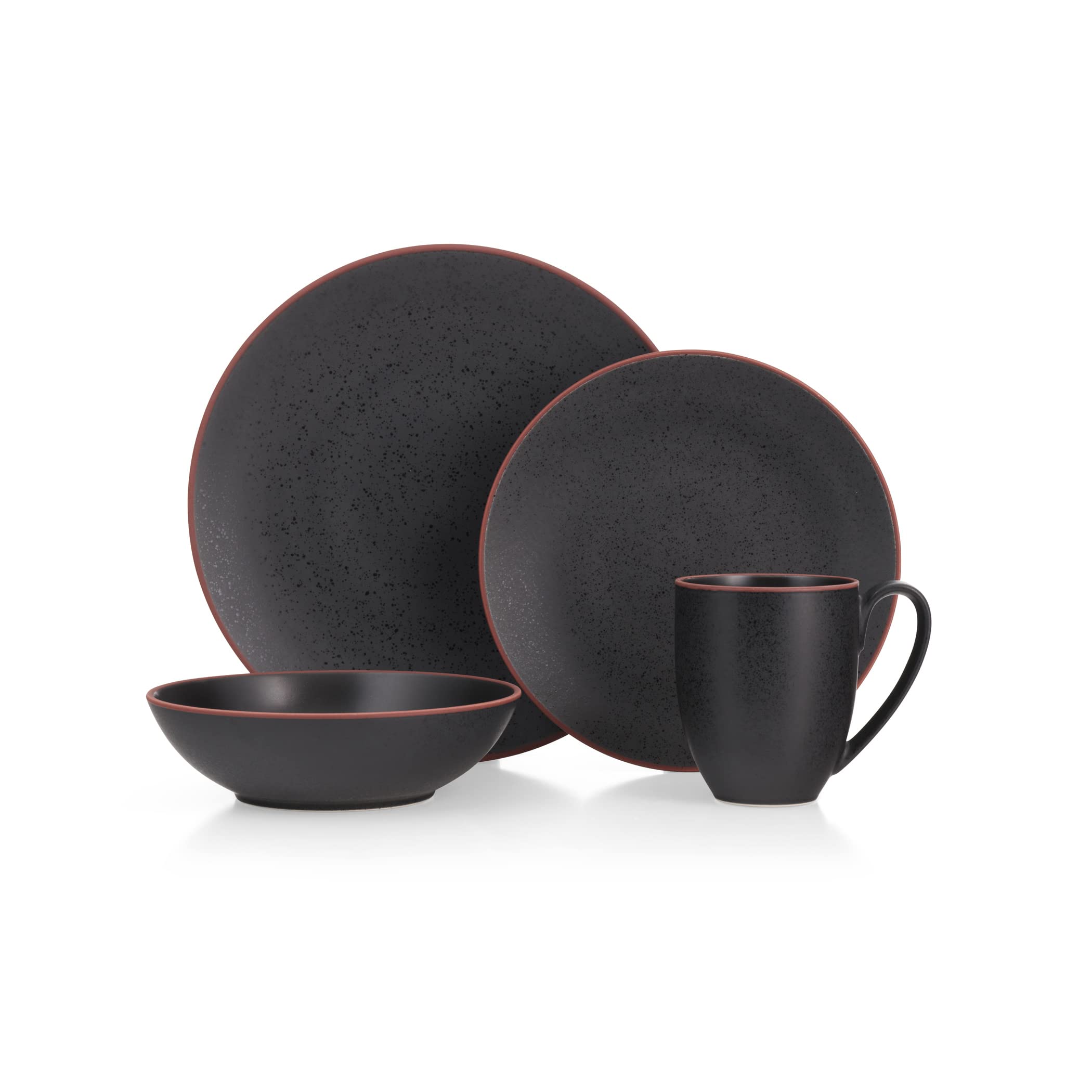 nambe Taos 4-Piece Stoneware Place Setting | Coffee Mug, Bowl, Dinner, and Salad Plate Set | Ceramic Dinnerware Set | Microwave and Dishwasher Safe | Service for 1 | Onyx Black