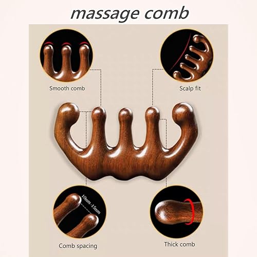 Miniatura 3 de Peine de masaje de madera con barra de masaje de ojo de rana, palo de masaje de sándalo verde natural, peine de madera de diente ancho y palo de