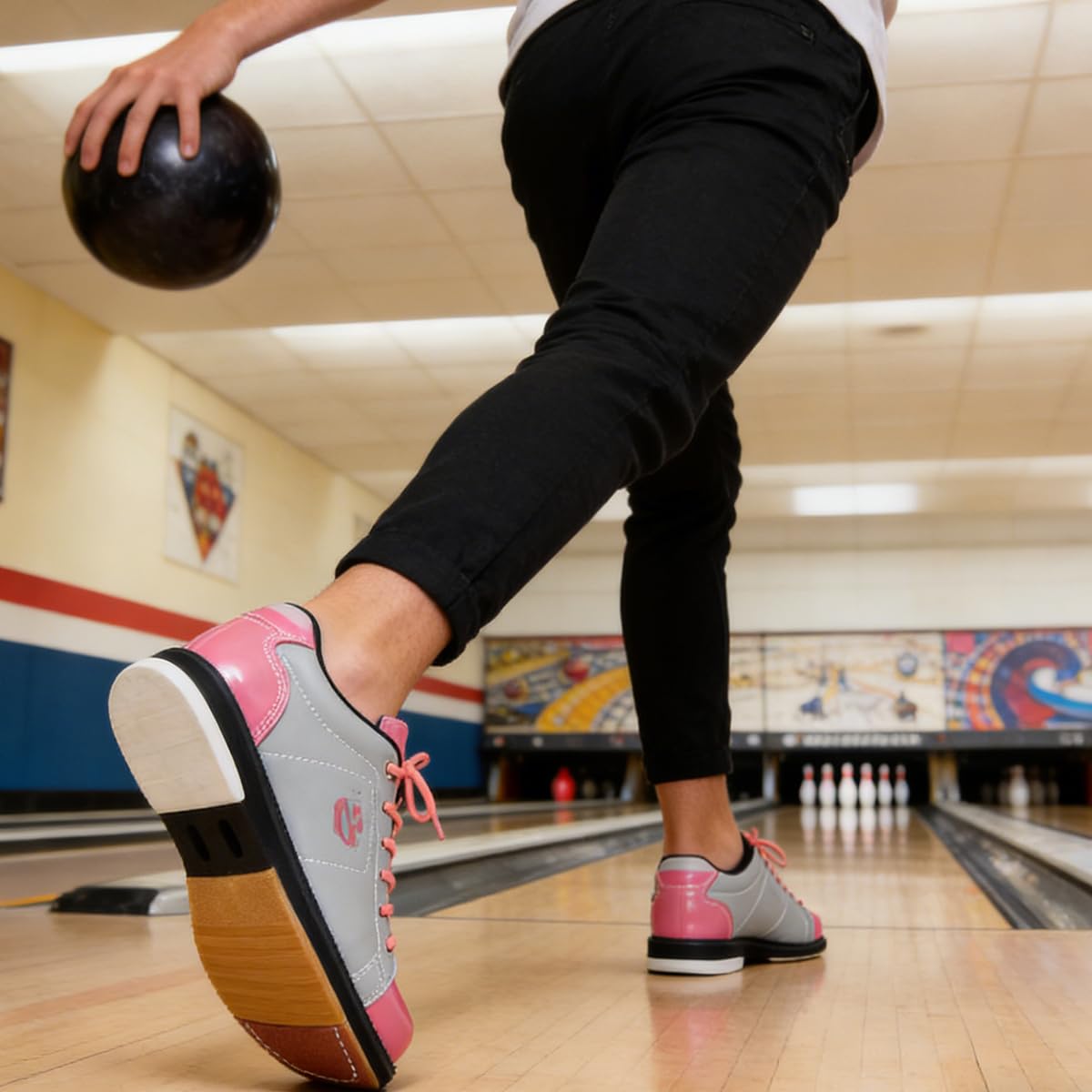 Damen Bowlingschuhe Leder Leicht Atmungsaktiver Bowlingschuhe Schnürung Bequeme Verschleißfeste Dämpfung