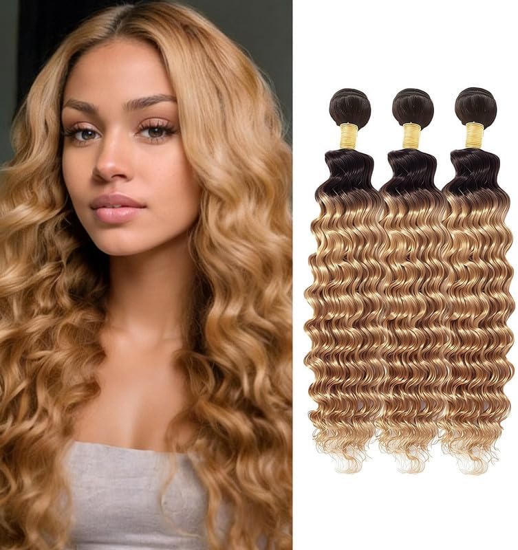 Ombre Honey Blonde Bundles Human Hair Deep Wave 10 12 14 Inch Ombre T1B/27 Human Hair Bundles Grade 12A Wet And Wavy Real Brazilian Virgin Hair