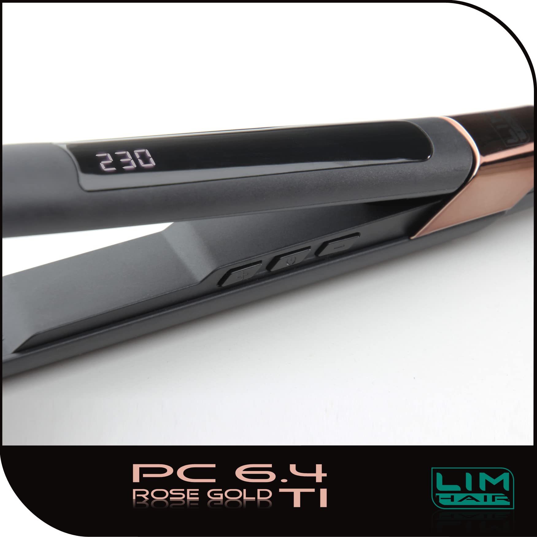 Plancha de cabello LIM HAIR PC 6.4 ROSE GOLD TI. Placas basculantes y oscilantes ROSE GOLD TITANIUM. Temperatura regulable hasta 230 ºC. Neceser térmico y tapete protección mesa trabajo. (PC 6.4)
