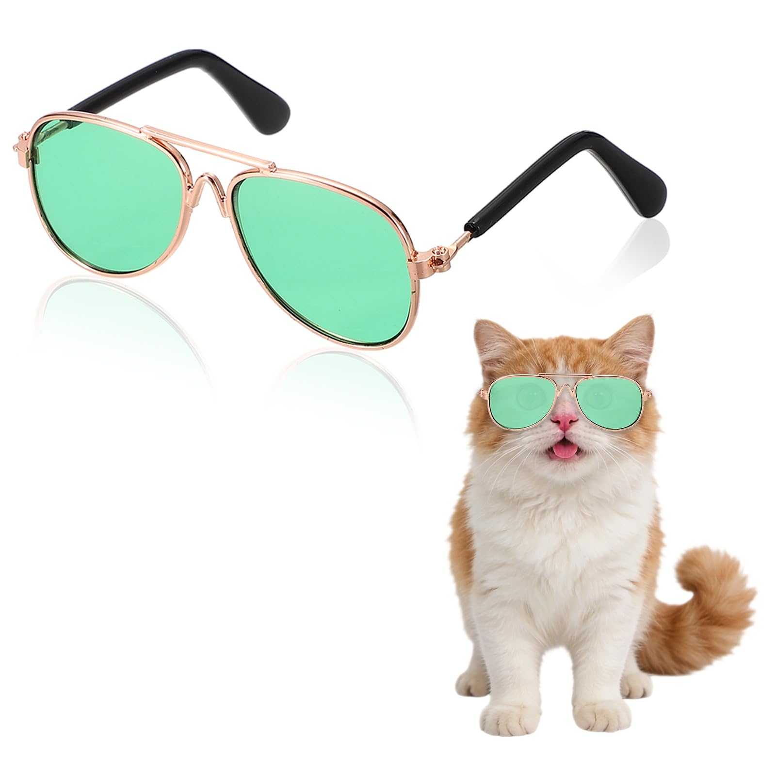 Okulary przeciwsłoneczne dla psów, retro, dla psów, kociąt, klasyczne, metalowe okulary, cosplay, kostium fotograficzny, rekwizyty, urocze mini okulary (lotnik, zielone soczewki