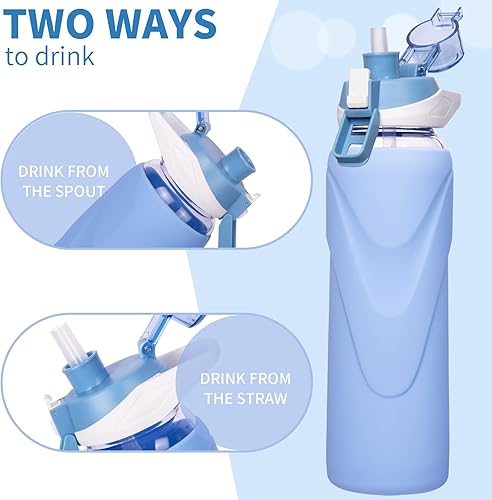 Miniatura 4 de DEARRAY Botella de agua deportiva de vidrio de 32 onzas con popote y funda de silicona, reutilizable, sin BPA, botella de vidrio de borosilicato con