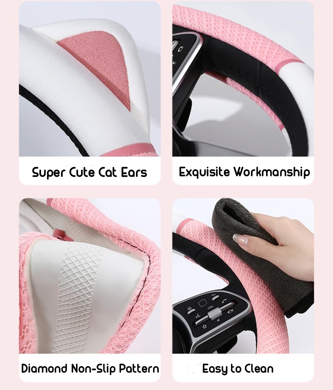 Dotesy Set Coprivolante Auto Con Orecchie Di Gatto E Sottobicchieri: Accessori Auto Simpatici E Antiscivolo, Pelle Morbida, Diametro 38 Cm