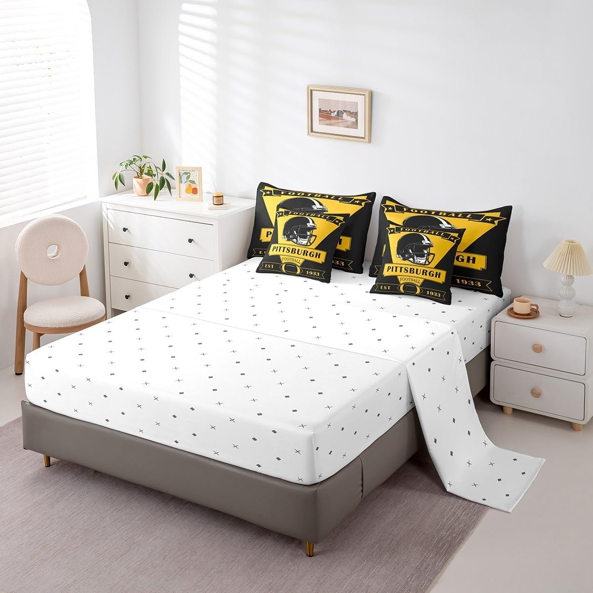 Loussiesd Football Letto Trapuntato,pittsburgh Piumino Letto Con Lenzuola 7 Pezzi 230x220cm(7-piece Set),american Football City Regali Per I Tifosi Di Calcio