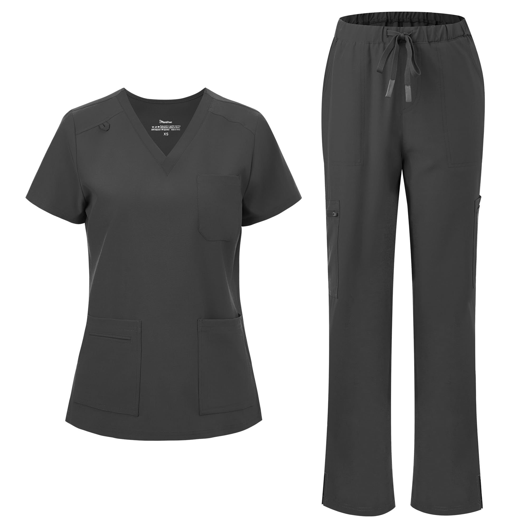 floralhue Scrubs for Women, V-Neck Straight Leg Pants with 12 Pockets | Slit Hem Cargo Pant Storage, Yoga Waistband, Water Resistance, For Nurses, Clinics, Long Shifts, Daily Medical Uniforms