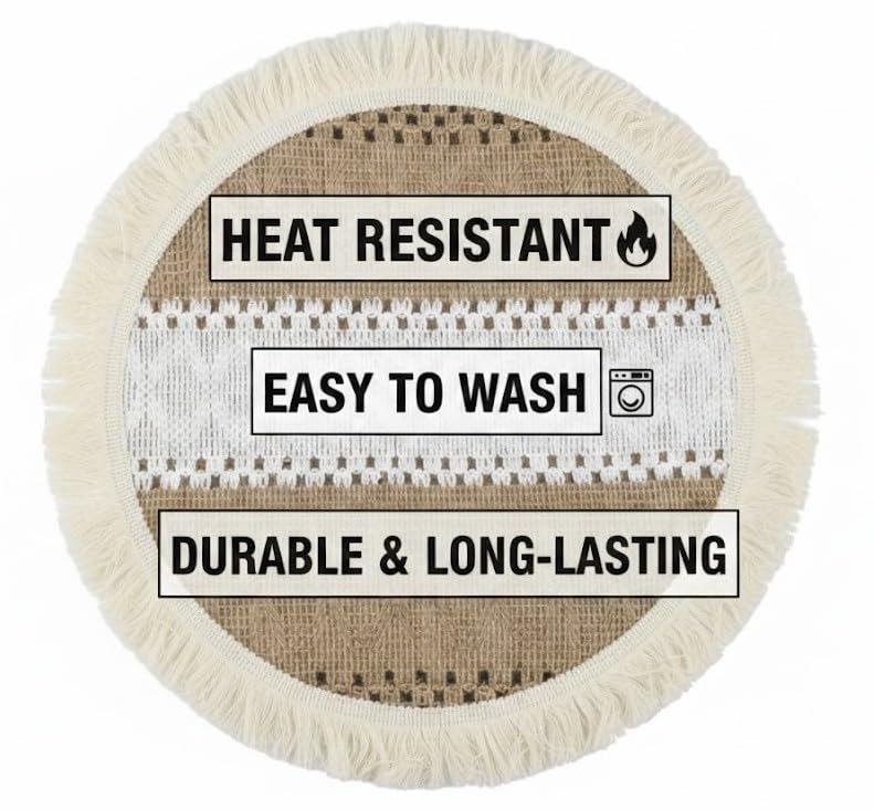Image of HomeCloud Croshia Woven Table placemat - Heat Resistant, Washable Table Decoration for Dining, Office, Kitchen, Hotel, and Home (Round Beige White, Set of 2)