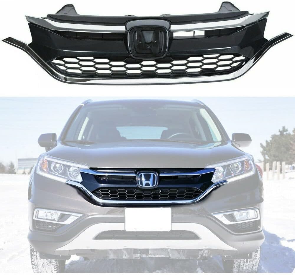 Front Bumper Upper Grille Compatible with 2015 2016 Honda CRV CR-V ABS Plastic Glossy Black Mesh Textured Finish Frame Assembly Grill Insert with Chrome Molding Trim Replacement(2015-2016)