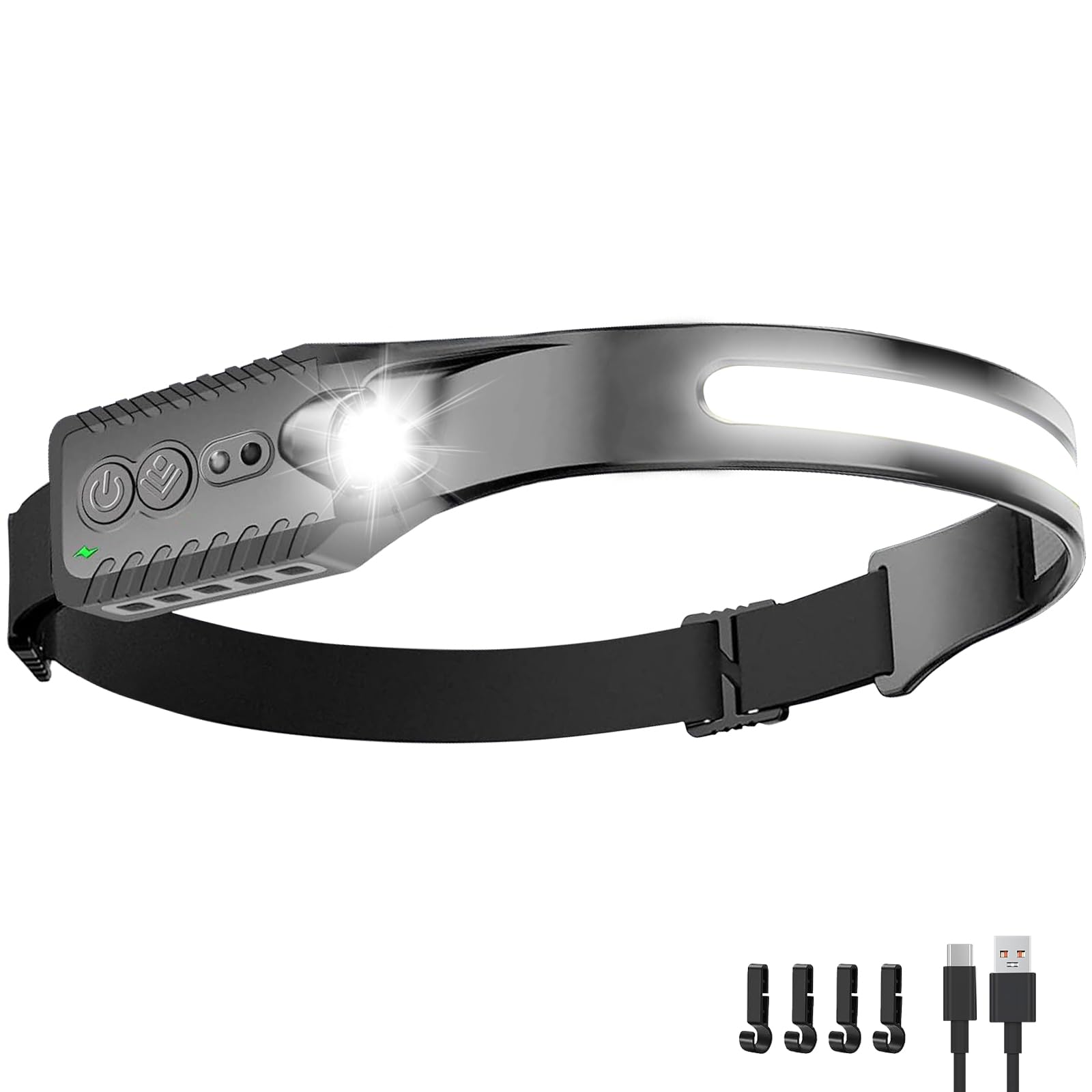 Nessciera Rechargeable LED Headlamp (Gray), 400 Lumens, 230° Wide Beam, USB-C, 5 Modes — Lightweight, Adjustable Headband; Hard Hat Clips for Camping, Hiking, Running &amp; Repairs