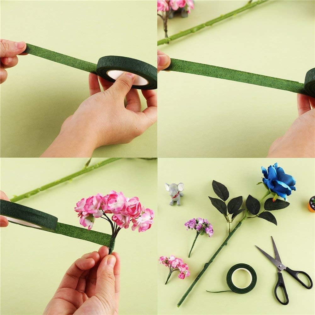 Yesallwas Floral Tape Stem Wrap 1/2 inch x 30 Yards 6 Rolls (2 shallow green, 4 deep green) with 50Pieces Dark Green Stem Wire Floral Wire 9.8 inch