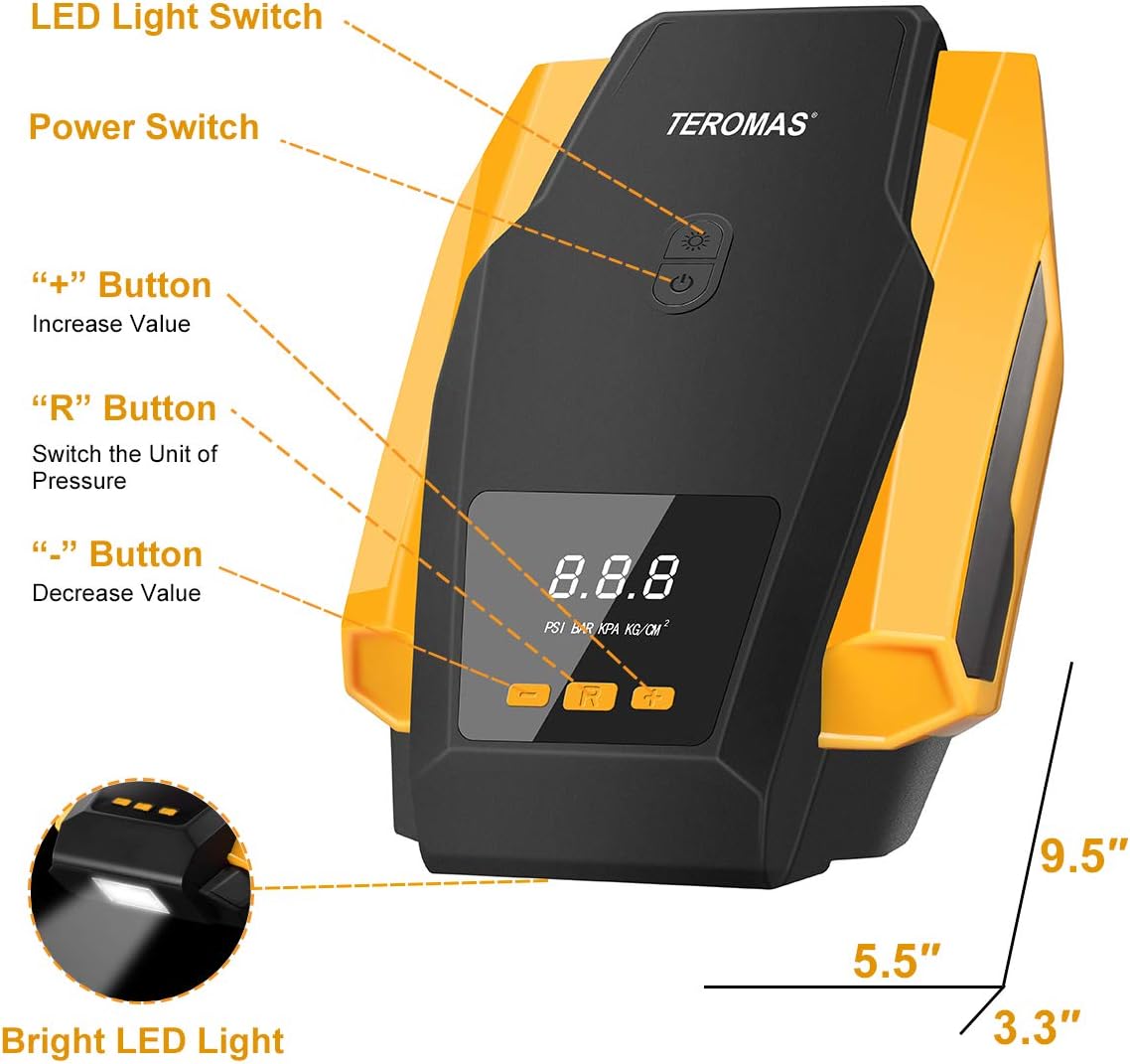 Tire Inflator, TEROMAS Air Compressor Pump, 12V DC Portable Auto Tire Pump with Digital Display up to 150PSI for Car, Bicycle and Other Inflatables (yellow-vine)