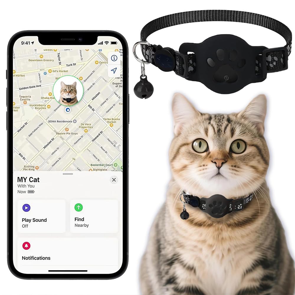 Collar GPS Gatos, GPS para Gatos sin Cuota Mensual, No Requiere SIM, Collar Localizador Compatible con Apple Find My (Solo iOS) (Collar + rastreador Negra)