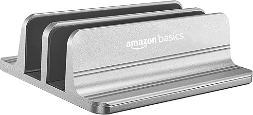 AmazonBasics Vertical Laptop Stand with Adjustable Dock and Dual Slots, Compatible with All Laptops Up to 20.3″ (Aluminium, Grey)