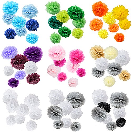 WYZworks Set of 8 (Assorted White/Grey Pack) 8" 10" 12" DIY Tissue Pom Poms Flower Party Decorations for Weddings, Birthday, Bridal, Baby Showers Nursery Décor - Thumbnail 3