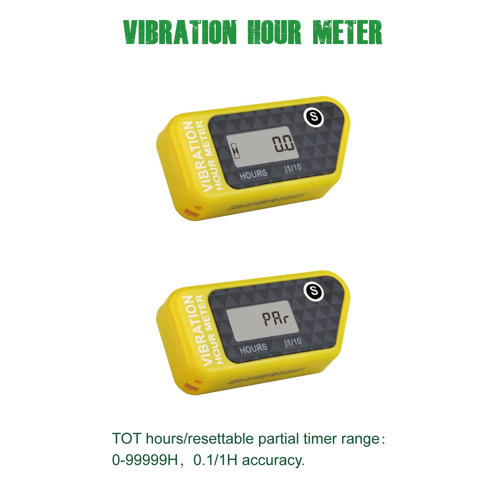 Yooreal Compteur horaire sans fil alimenté par batterie, jauge de détection de vibration pour tracteur de pelouse, chariot de golf, tronçonneuse, déchiqueteuse à bois, fendeuse de bûches (Yellow)