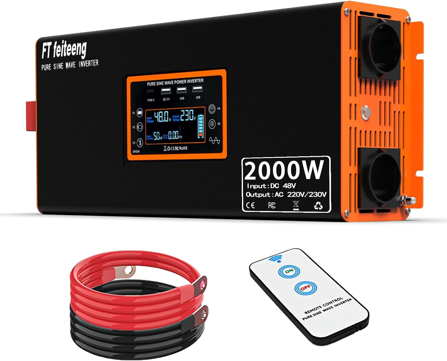 48V 2000W Wechselrichter 48V auf 230V Reine Sinuswelle -Spannungswandler mit LCD Display 2 EU-Steckdosen und 4 USB Typ-C Port、Konverter Fernbedienung für Wohnmobil AutoCamping