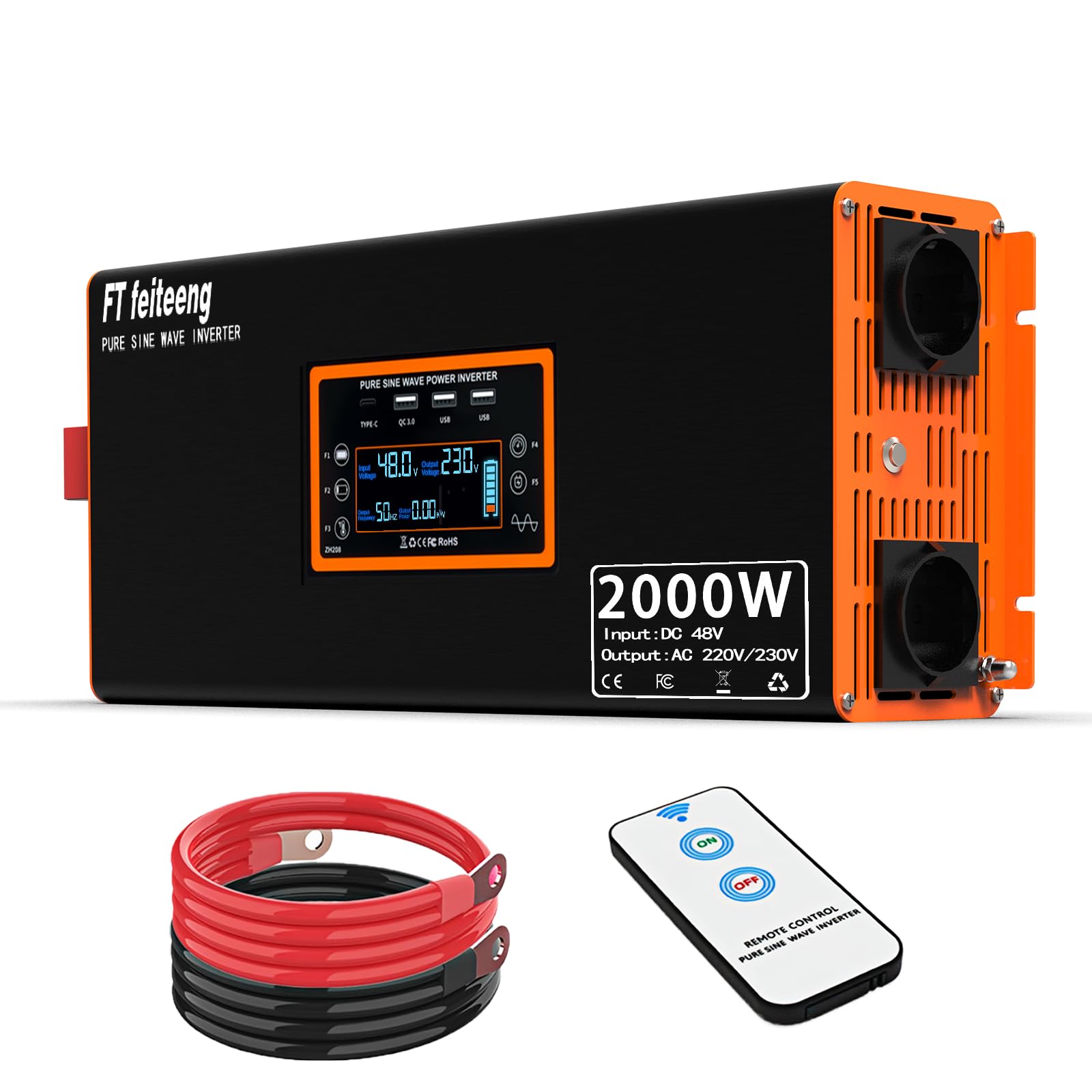 48V 2000W Wechselrichter 48V auf 230V Reine Sinuswelle -Spannungswandler mit LCD Display 2 EU-Steckdosen und 4 USB Typ-C Port、Konverter Fernbedienung für Wohnmobil AutoCamping