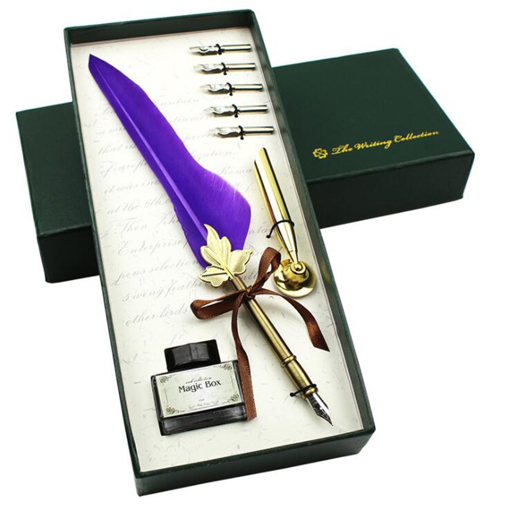 Bescar SpyShop Quill Pen and Ink Set-Vintage Feather Pen with Holder,5pc Metal Pen Nib Writing Calligraphy Pen Set Gift Storage Box (Purple Pen)