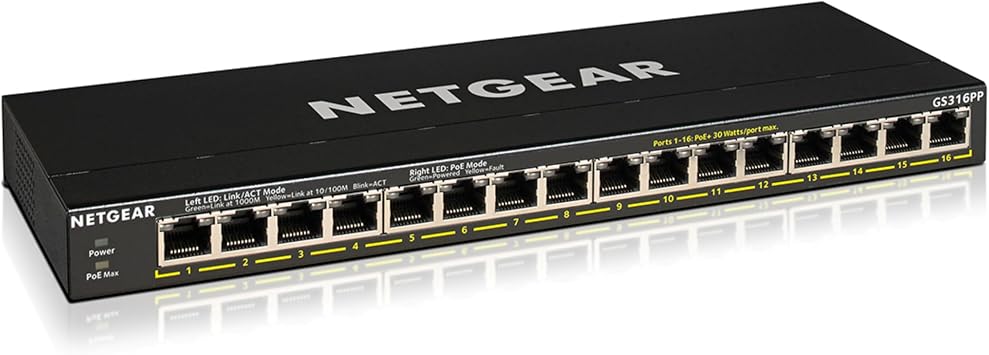 NETGEAR 16 Port PoE Switch GS316PP | Unmanaged Gigabit Network Switch | Ethernet Hub | Ethernet Hub | Desktop or Wall Mount