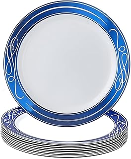 Silver Spoons Elegant White with Blue Royal Rim Plastic Dinner Plates - 10.25" (Pack 10) - Perfect for Weddings, Birthdays, and Holiday Events
