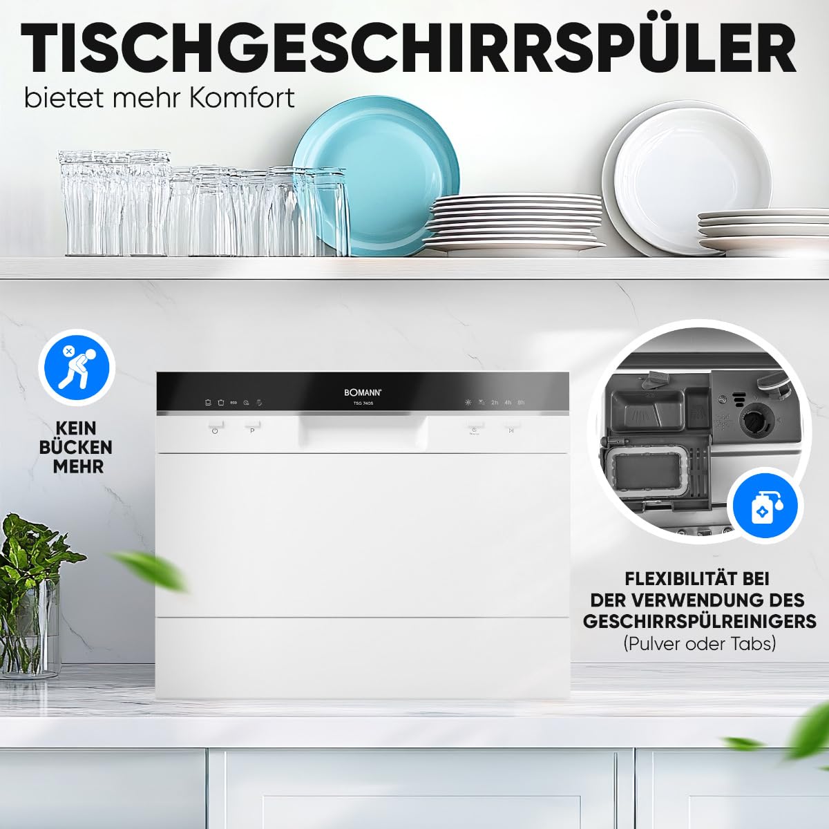 Bomann TSG 7405 Mini Geschirrspüler mit Wasseranschluss leise Tisch Spülmaschine weiß