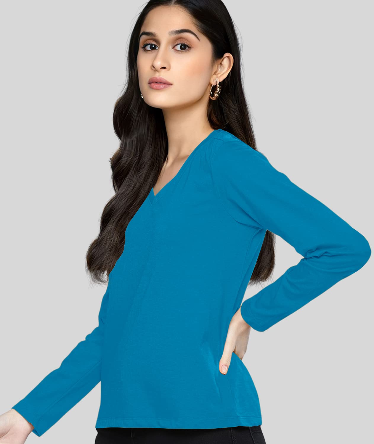 TVP Fashions Premium Plain Women V Neck Full Sleeves Cotton Tshirt. Festive,Offer,Discount,Sale,Limited Edition, Trending Tees and Tshirts. (Turquoise_Small) 1