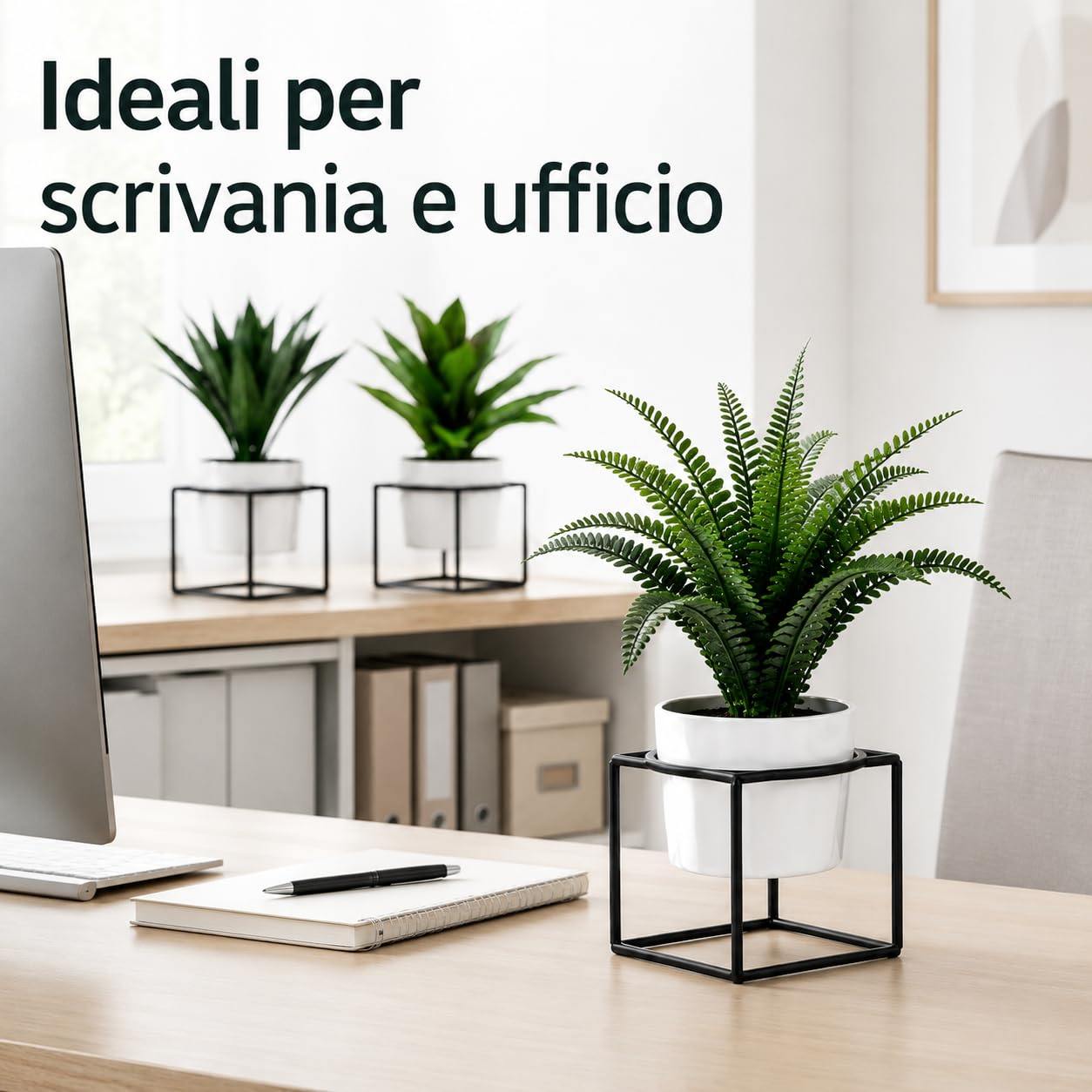 Generico Plantas artificiales decorativas con maceta blanca y base negra, 3 unidades Ø9,5 x H22,5 cm | Plantas artificiales de interior para casa, oficina, estantería, baño, salón y dormitorio