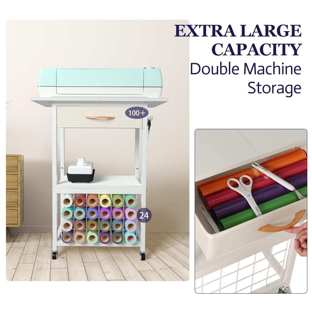 Organizzatori e contenitori compatibili con macchine Cricut, carrello portaoggetti con cassetto, tavolo artigianale con supporti per rotoli in vinile, postazione di lavoro con ruote, bianco