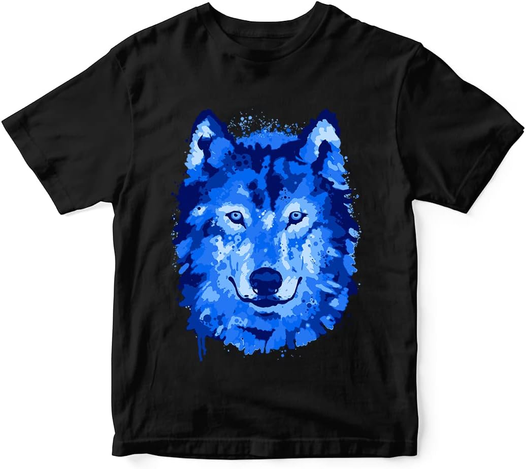 Boys & Girls Cool Blue Wolf Wild Animal Theme 100% Cotton Unisex Kids T-Shirt