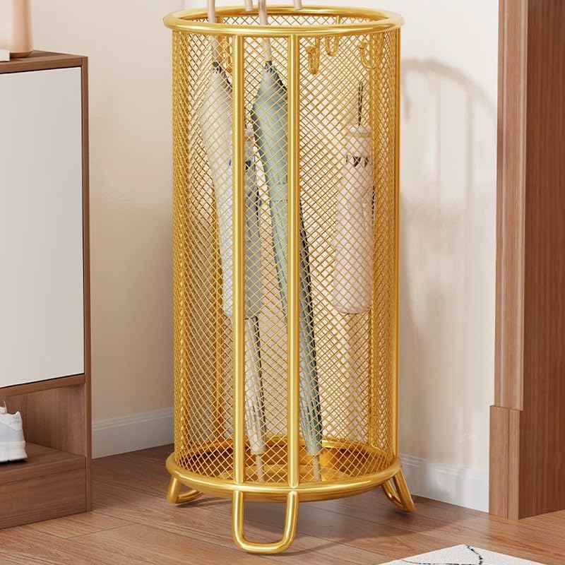 Paragüero redondo de metal con bandeja de recogida de agua, soporte multiusos para bastones de caminar, estante de malla con gran capacidad (negro, 60 x 30 cm)