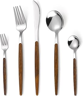 20-Piece Silverware Set with Cake Fork, Stainless Steel Flatware Cutlery Set for 4, Tableware Eating Utensils Set with Wooden effect Handle, Include Knife Fork Spoon, Mirror Finish, Dishwasher Safe