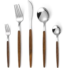20-Piece Silverware Set with Cake Fork, Stainless Steel Flatware Cutlery Set for 4, Tableware Eating Utensils Set with Wooden effect Handle, Include Knife Fork Spoon, Mirror Finish, Dishwasher Safe