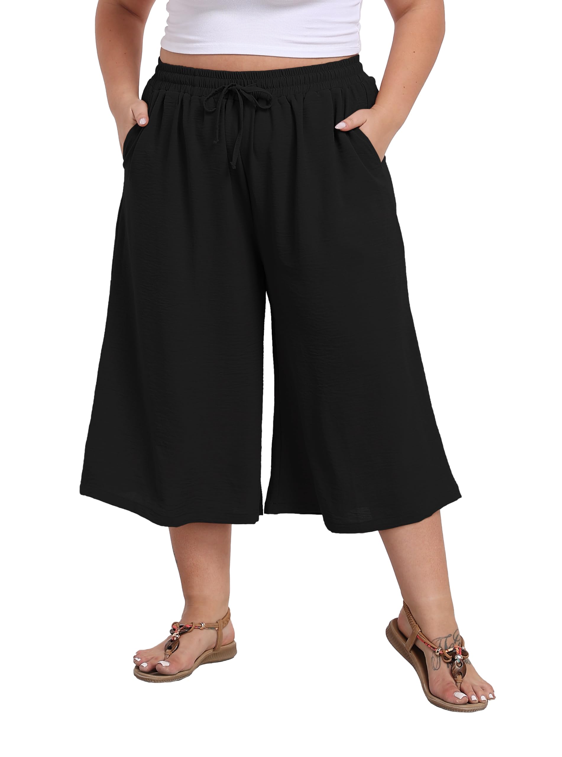 LIGHTBACK Womens Plus Size Wide Leg Capri Pants Loose Lounge Cropped Culottes Summer Casual Palazzo Pants with Pockets