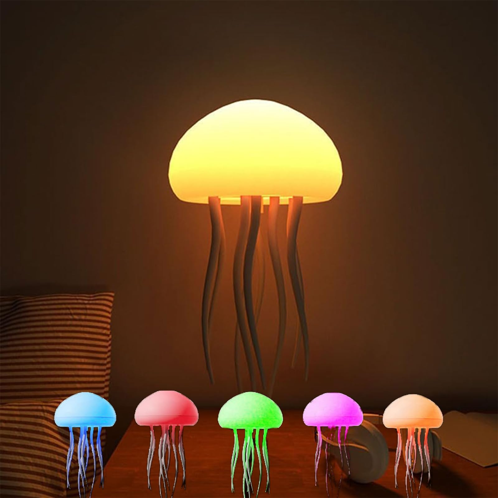 Dljingan With Base Jellyfish Atmosphere Light, Rgb Gradient Cute Jellyfish Bedside Lamp Voice Control Light Rechargeable Type C Table Lamp Bedside Lamp With Touch Sensor Lamp For Bedrooms, Living Room (With Base)