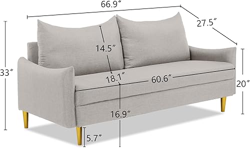 Miniatura 2 de Sofá biplaza de lino moderno de 67 pulgadas, sofá biplaza tapizado de mediados de siglo con 2 almohadas y 4 patas doradas, sofás de 2 plazas para