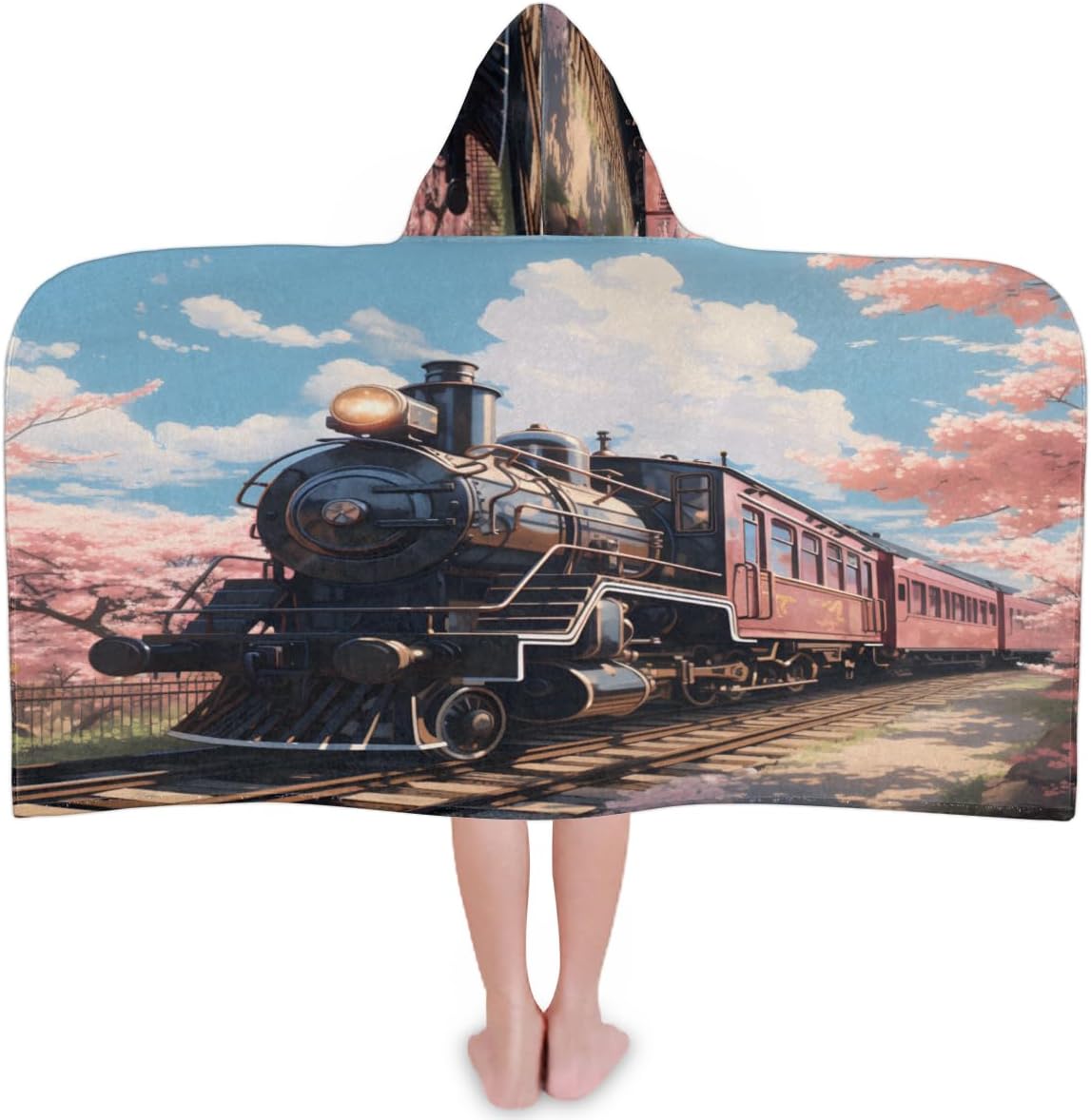 Pardick Kids Bath Towel Train Cherry Flower Beach Towel with Hood Pool Cover Up for Girls Boys Soft Absorbent Hooded Bath Towel Toddler Towels for Beach, Pool
