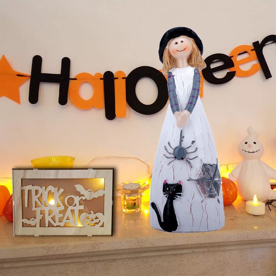 Statue Chat Et Chien Fantômes Avec Citrouille - Décoration Halloween En Résine - Pour Table, étagère, Bureau - Environ 304g