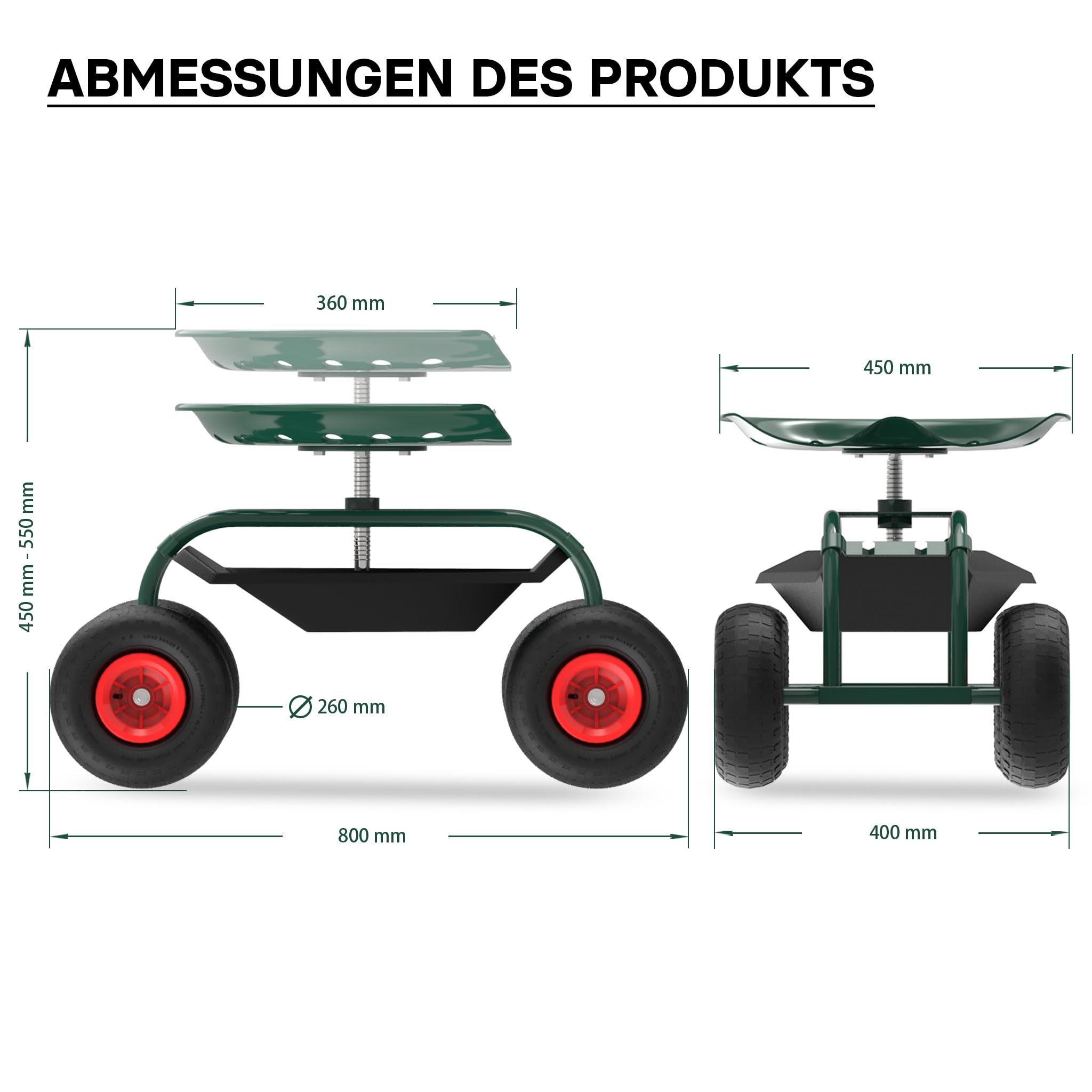 Wiltec Gartenwagen mit Ablagefläche bis 150kg Gartenhocker mit Reifen Gartentrolley für Gartenarbeit Werkstattwagen Rollwagen Arbeitssitz Gartensitz fahrbar